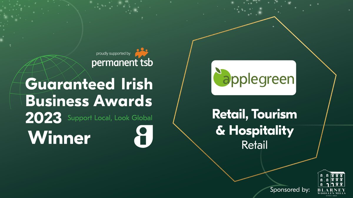 Congratulations to @goapplegreen on their win of Retail — Retail, Tourism & Hospitality, sponsored by @Blarney_Mills at #GIBA23 sponsored by @permanenttsb! Providing exceptional customer service & products, elevating shopping experiences for all. #RetailExcellence