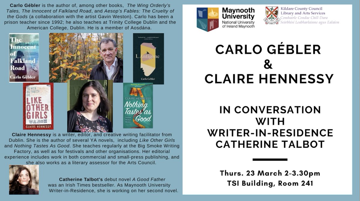 Next up in our <a href="/ArtsInCoKildare/">Kildare Arts Service</a> Writer-in-Residence series, <a href="/caittalbot/">Catherine Talbot</a> hosts Claire Hennessy <a href="/chennessybooks/">Claire Hennessy</a> and Carlo Gébler in what will be a brilliant event! ✨As with all of these conversations, this one is free and open to the public!