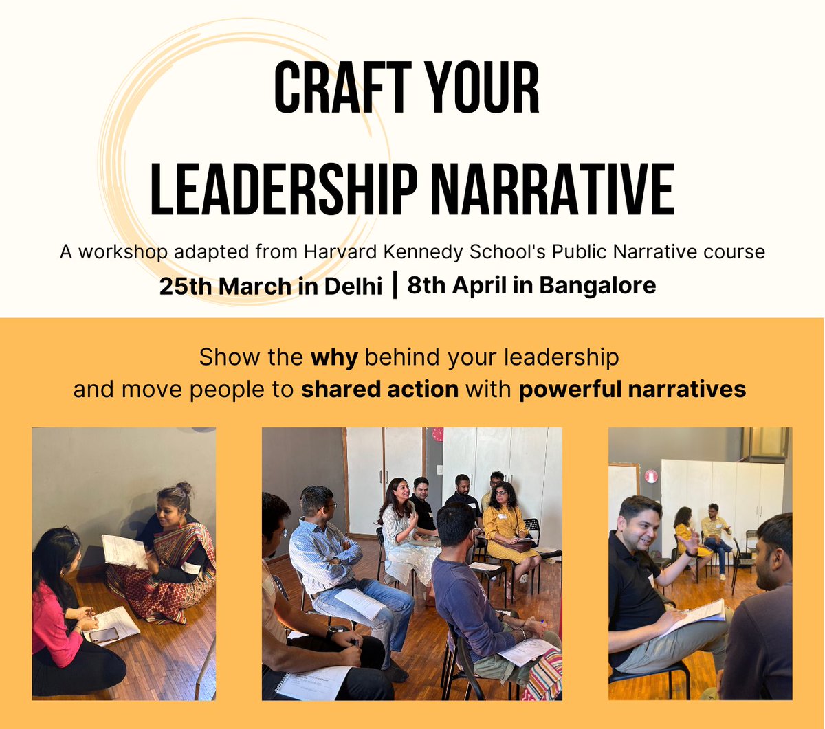 📢 Delhi folks – offering a Public Narrative workshop on  March 25! 
Bangalore – the next one's on April 8th!

The response from last month's workshop in Bangalore was heartwarming, to say the least – some reflections from those who wrote &amp; shared their narratives in the 🧵: