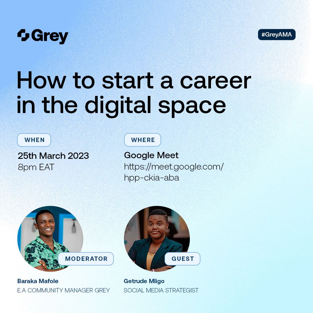 mafolebaraka's tweet image. Kupitia #GreyAMA ya @greyfinanceEA  nitamuhost @GetrudeMligo  kuzungumzia namna ya kuanza career kwenye Digital spaces.

Jisajili hapa kuattend bit.ly/3Lj9Taw 

Event hii ni bure kabisa. Usisahau kufollow page ya @greyfinanceEA  kwa updates zaidi