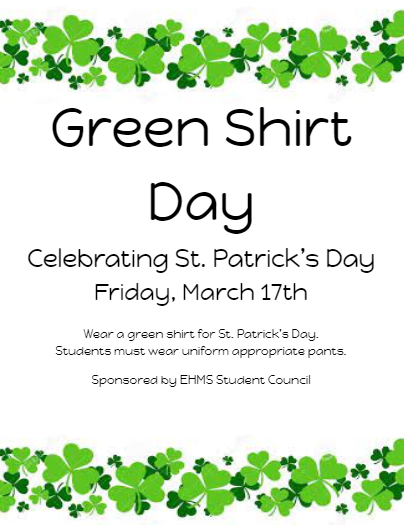 EHMS_STUCO's tweet photo. Green Shirt Day on Friday -- get excited!☘️ https://t.co/pTEnAMJF2x
