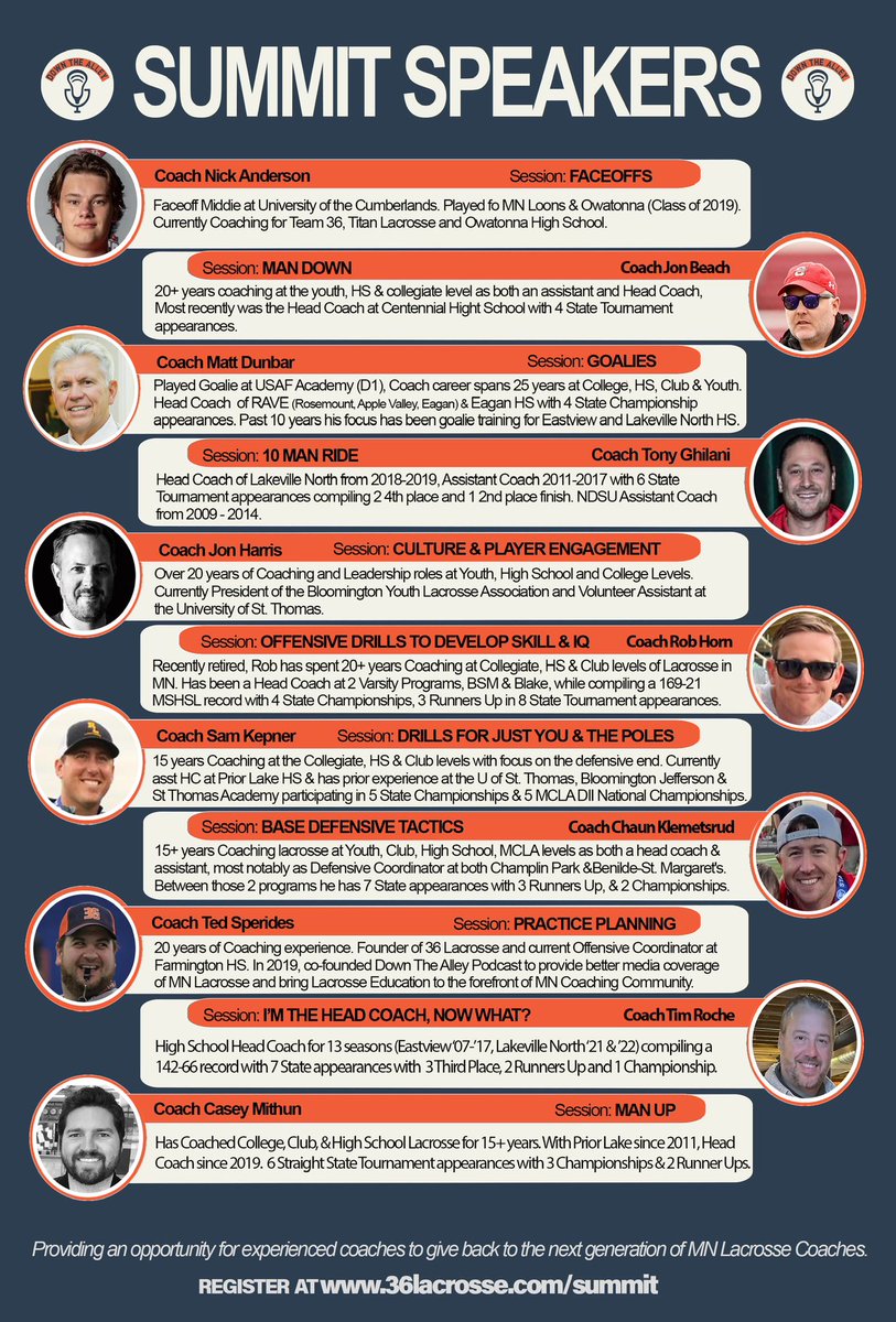 LAST CALL! Register today if you want to come to the coaches summit THIS WEEKEND! If you are coaching this spring and or summer, you aren’t going to want to miss this #TheSummit #Coaching #Development #Networking 
36lacrosse.com/Summit