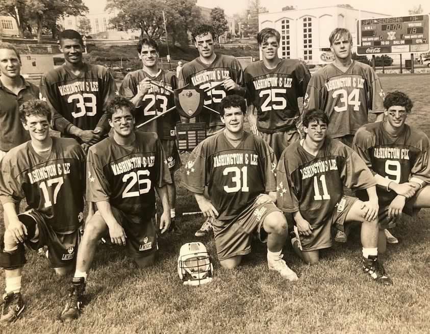 LaxBrand's tweet photo. Washington &amp; Lee 1993 Seniors!
.
Taking a knee up front is: Jay West, Josh Levinson, Brian Murtaugh, Dave Schiminger, David Lefkowitz. Standing is Stags, Wiemi Douoguih, Derek Hutton, Kirk Olson, Johnny Hunter, David Hunter https://t.co/dT9wyN5ZLO
