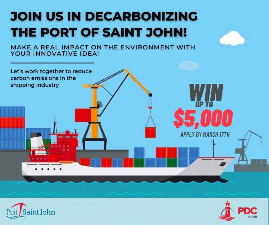 The <a href="/PondDeshpande/">Pond-Deshpande Centre</a> has partnered with <a href="/PortSaintJohn/">Port Saint John</a> to offer a competition focused on bringing ideas to the Port in their decarbonization journey. There is a big prize for the winning team including up to $5,000‼️ 

Deadline is March 17th! More details ➡️ bit.ly/3JpxvsA