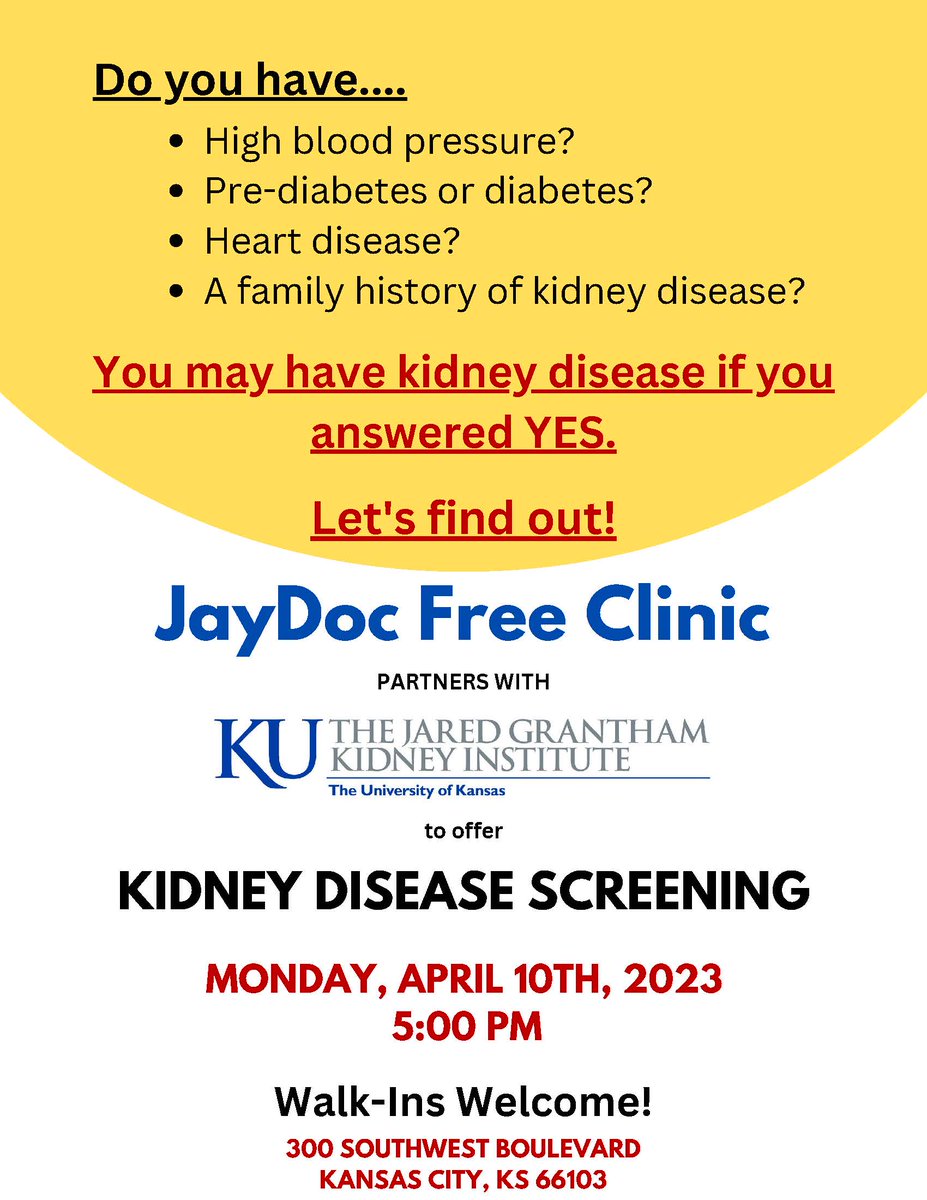 KU Jared Grantham Kidney Institute (@kujgki) on Twitter photo Excited to partner with <a href="/JaydocHealth/">JayDoc Free Clinic</a> to offer kidney disease screenings and nephrology care on 4/10, 5-9pm at 300 Southwest Blvd 66103 <a href="/NKF_KSMO/">NKF - KS and W. MO</a> <a href="/KUNeph/">KU Nephrology</a> Excited to partner with <a href="/JaydocHealth/">JayDoc Free Clinic</a> to offer kidney disease screenings and nephrology care on 4/10, 5-9pm at 300 Southwest Blvd 66103 <a href="/NKF_KSMO/">NKF - KS and W. MO</a> <a href="/KUNeph/">KU Nephrology</a>