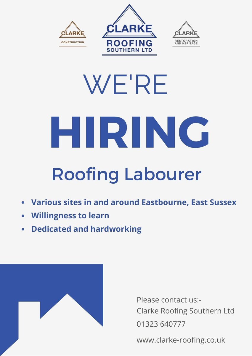 ClarkeRoofingSL's tweet photo. We are looking for a Roofing Labourer to join our busy team - please see details below or call 01323 640777 and ask for Karl.

CSCS Card preferred but we can arrange this later on.

#jobopportunity #eastbourne #roofing #labourer https://t.co/8YJS2Wi6Xq