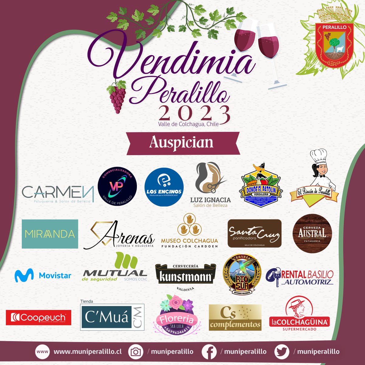 Artistas nacionales que estarán presentes en la Fiesta de la Vendimia Peralillo 2023, 18 y 19 de Marzo. Parque Municipal de Peralillo. 

#VendimiaPeralillo2023 #ColchaguaValley #Peralillo2023