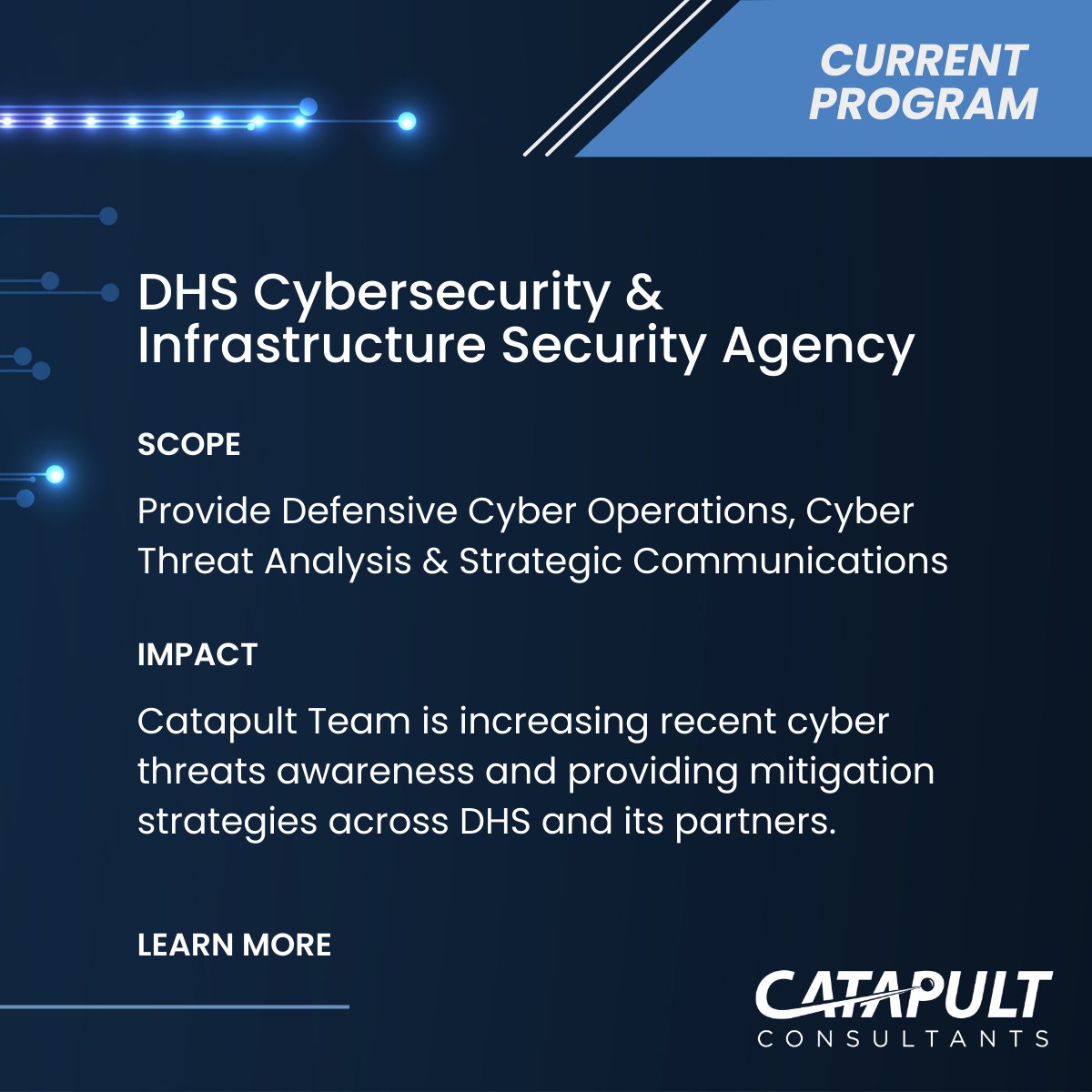 CatapultConsult's tweet photo. Catapult has been providing support to DHS CISA since 2017. Our team plays an integral role in identifying, mitigating and reporting on cyber threats to DHS, DoD and Intelligence Community partners. 

#CatapultConsultants #Cybersecurity #Intelligence https://t.co/l8W5BcuoIP