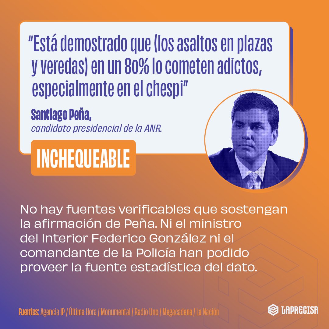 eslaprecisa's tweet photo. Santiago Peña, candidato a presidente de la ANR, dijo que el 80% de robos, asaltos y aprietes son cometidos por “chespis”👀

🤔No está claro cómo concluyó eso, pero sí que discursos como éstos criminalizan a niños y jóvenes pobres.

🧵Acompañanos a chequear el dato en #ElHilazo https://t.co/fvRhihhRxa
