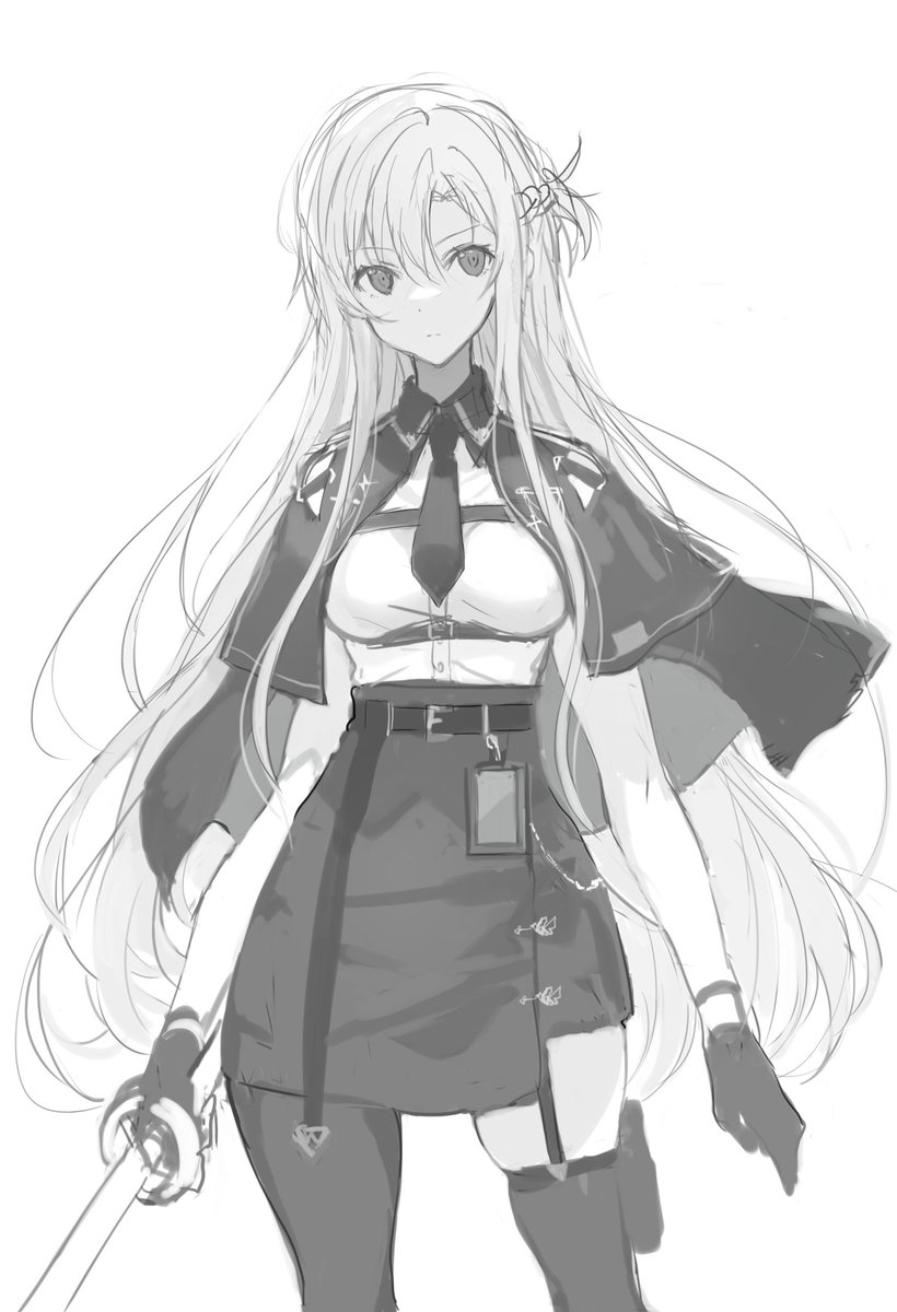 asuna (sao) 1girl greyscale monochrome solo weapon holding long hair  illustration images