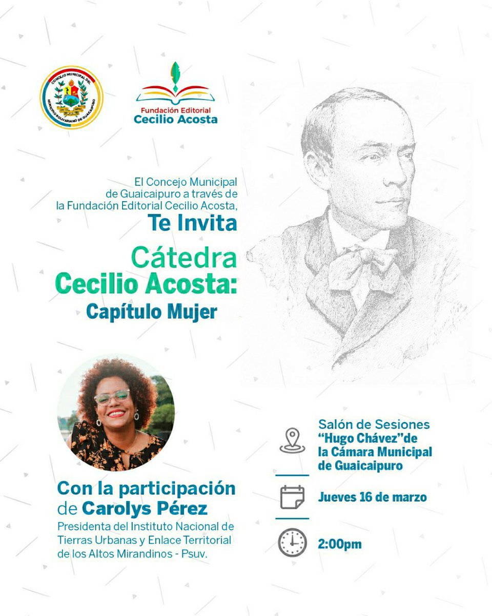 fundeca2's tweet photo. #notelopierdas // Este  jueves 16 de marzo se realizará una Cátedra Cecilio Acosta:  Capítulo Mujer, con la participación de @carolyshelena Presidenta del Instituto Nacional de Tierras Urbanas y Enlace Territorial de los Altos Mirandinos-Psuv.

Iniciaremos a las 2pm.
#fundeca https://t.co/wKNhwT00pN
