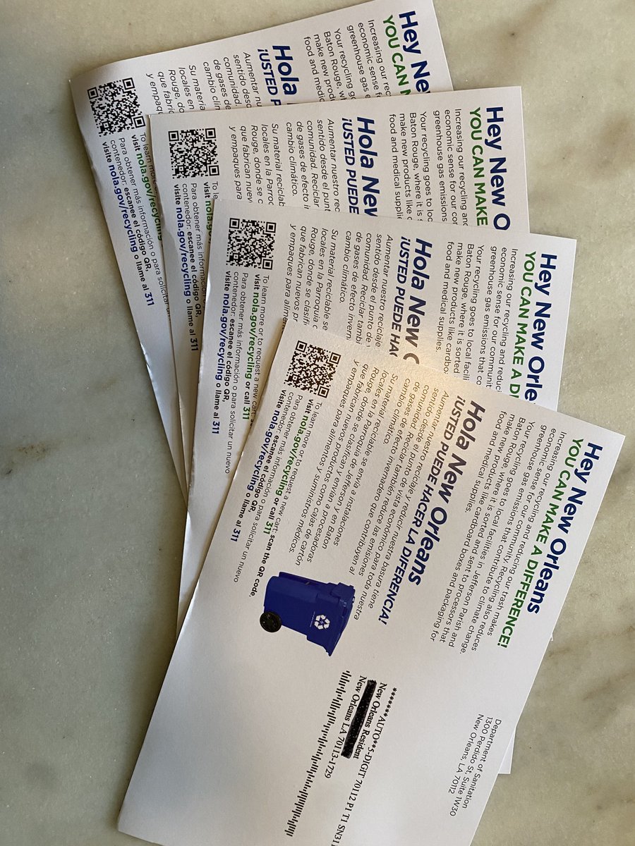 hystericallison's tweet photo. Hey, ⁦@CityOfNOLA⁩, I am all for increasing the City’s recycling efforts. That said, I don’t think sending four flyers advocating for that outcome to one household is an efficient way to do that. https://t.co/fjJ3qKuPtH