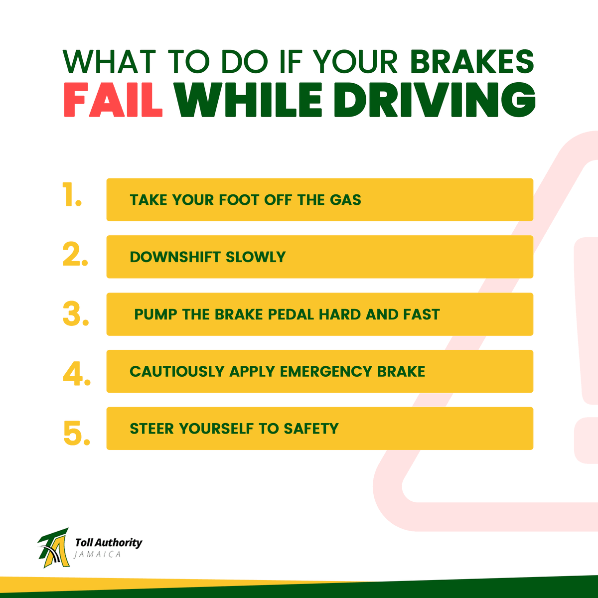 TollAuthority's tweet photo. In the event that your brakes fail, do not panic. Follow the steps as best as you can.

Stay safe on the road.

The toll roads have escape ramps for this exact situation. 

#TollAuthority #brakesafety #takeabrake #brakes  #TekYuhTime #ReachHomeSafe #RoadSafety #DriveSafe https://t.co/q418xyN02g