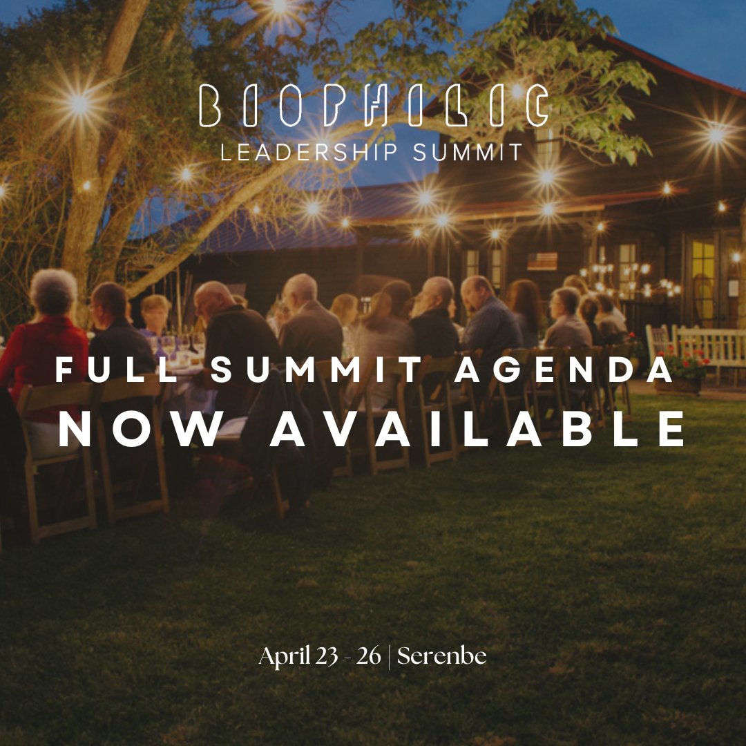 Interested in The #BiophilicLeadershipSummit? See our full agenda, including Sunday's keynote from <a href="/f_dust/">Fred Dust</a>, Monday &amp; Tuesday presentations, special events, and Wednesday's charrette. 

Join us in <a href="/serenbe/">serenbe</a>  April 23 - 26: bit.ly/42btIq4

#BiophilicDesign #Biophilia