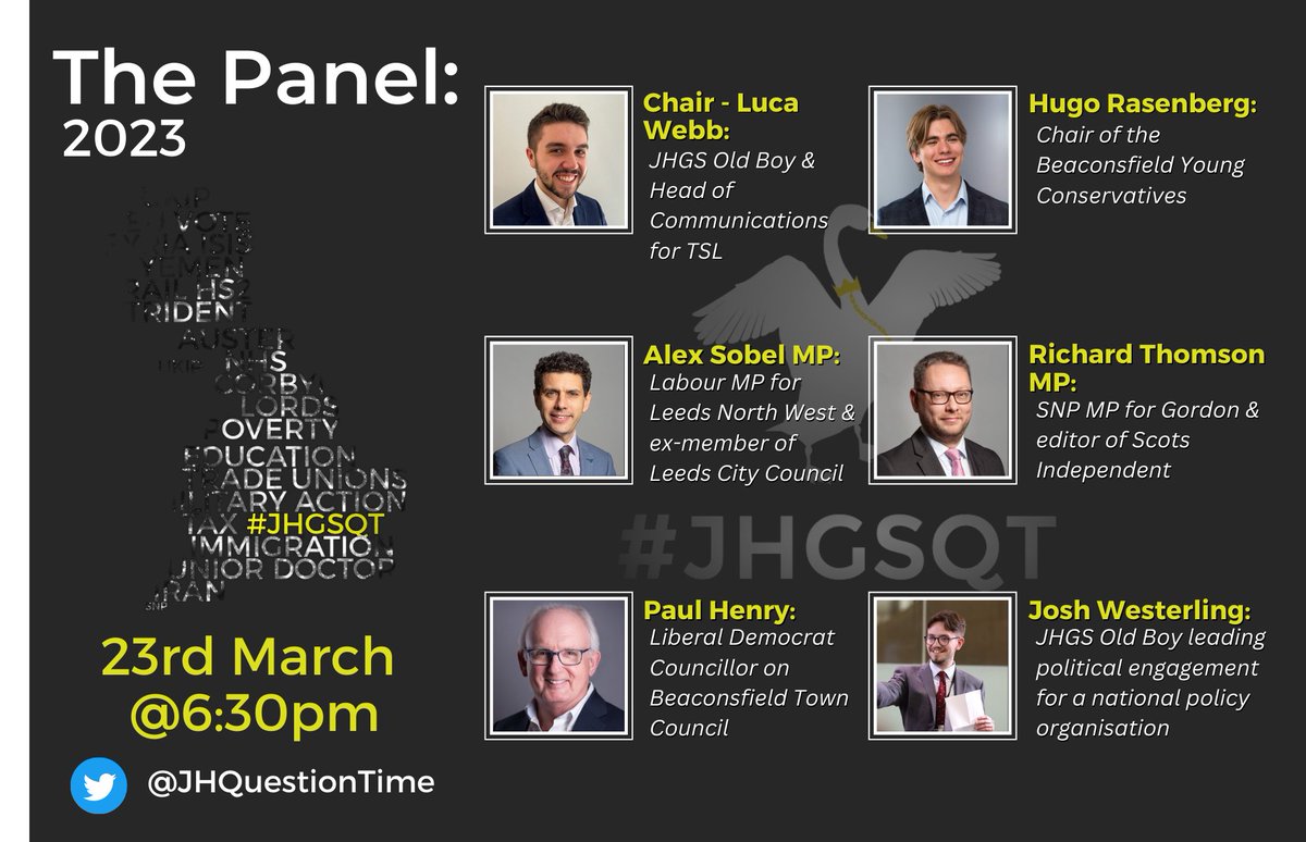 JHQuestionTime's tweet image. Big announcement! 

#JHGSQT has returned again for 2023! The 2nd Question Time since COVID this year is going to be a good one, featuring a wide range of MPs, Councillors, and organisational members! Make sure to book your tickets now at: thelittleboxoffice.com/jhgs/event/vie…