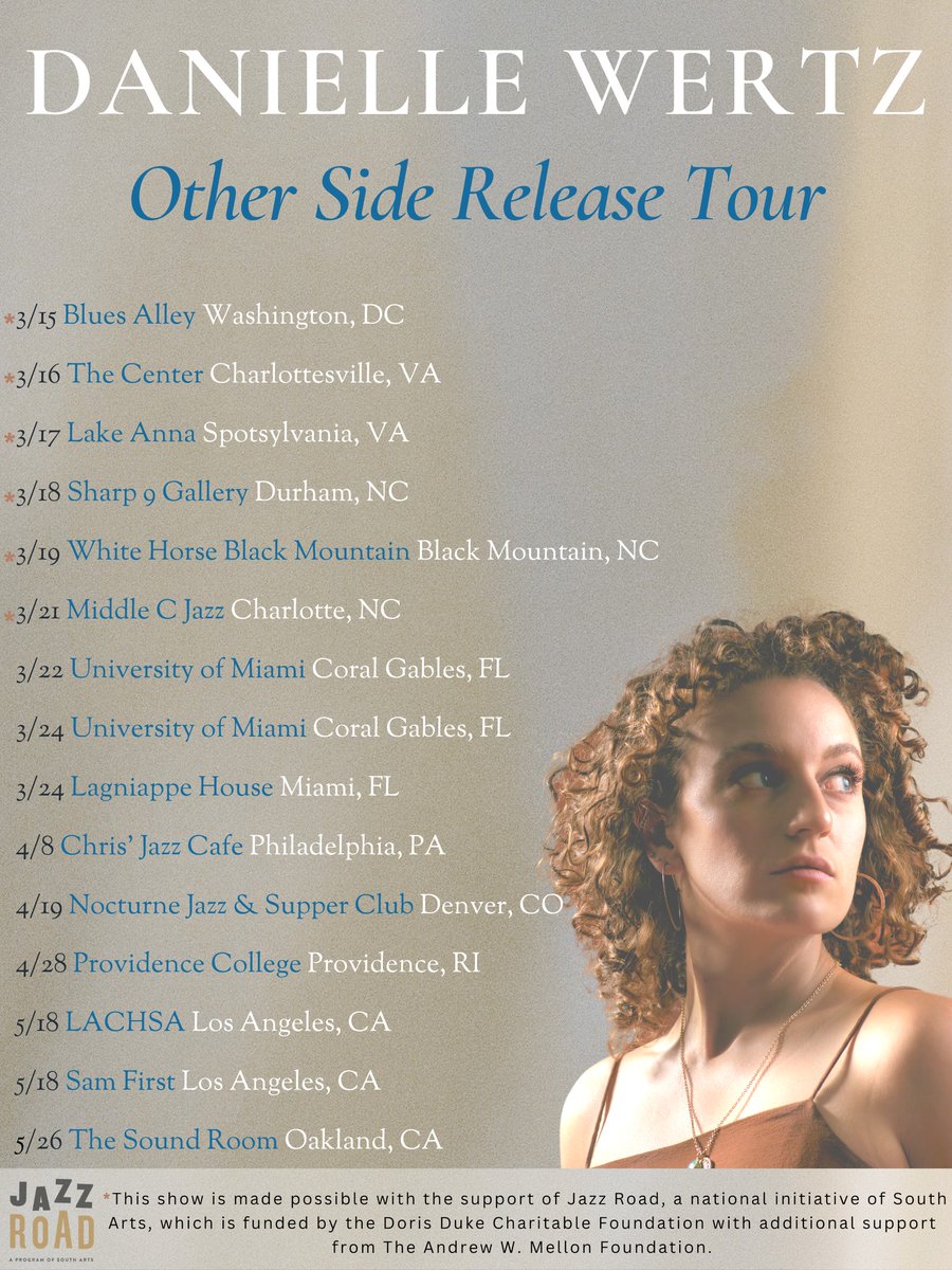 Jazz Road Artists are back on tour! <a href="/daniellewertz/">Danielle Wertz</a> is the FIRST artist hitting the road since we resumed accepting applications for Jazz Road Tours grants. Catch Danielle on her album release tour with dates in DC, Virginia, and culminating on March 21 at <a href="/middlecjazz/">middlecjazz</a>