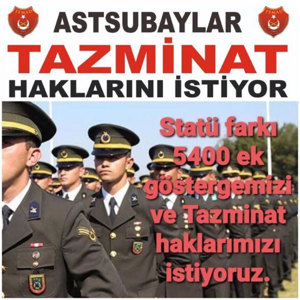 #AstsubaylaraAdalet Adalet ve eşitlik istiyoruz.Bizler düşman değiliz Vatan sevdalısı ASTSUBAYLARIZ Ordunun bel kemiğiyiz. Bunca yıl beklettiniz.Tazminat hakkımız.
<a href="/RTErdogan/">Recep Tayyip Erdoğan</a>
 <a href="/NureddinNebati/">Dr.Nureddin NEBATİ🇹🇷</a>
<a href="/suleymansoylu/">Süleyman Soylu</a>
 <a href="/dbdevletbahceli/">Devlet Bahçeli</a>
<a href="/tcsavunma/">T.C. Millî Savunma Bakanlığı</a>
 <a href="/kilicdarogluk/">Kemal Kılıçdaroğlu</a>
<a href="/mustafaelitas/">Mustafa Elitaş</a>
 <a href="/fuatoktay/">Fuat Oktay</a>