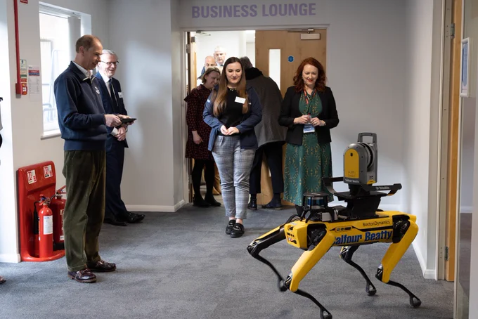 The Duke controlling “Spot the Dog” a robotic employee at Balfour Beatty.