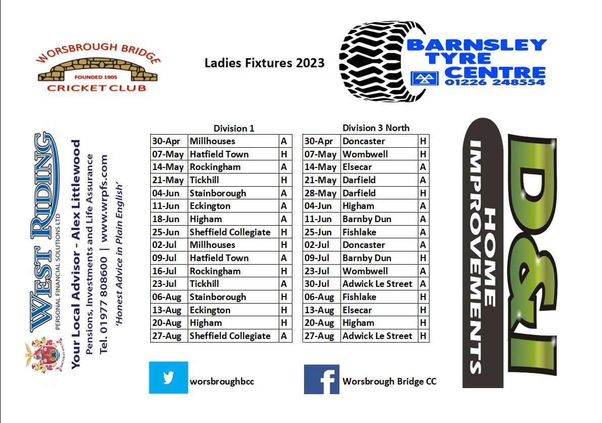 Worsbroughbcc's tweet image. 2023 Fixtures Confirmed