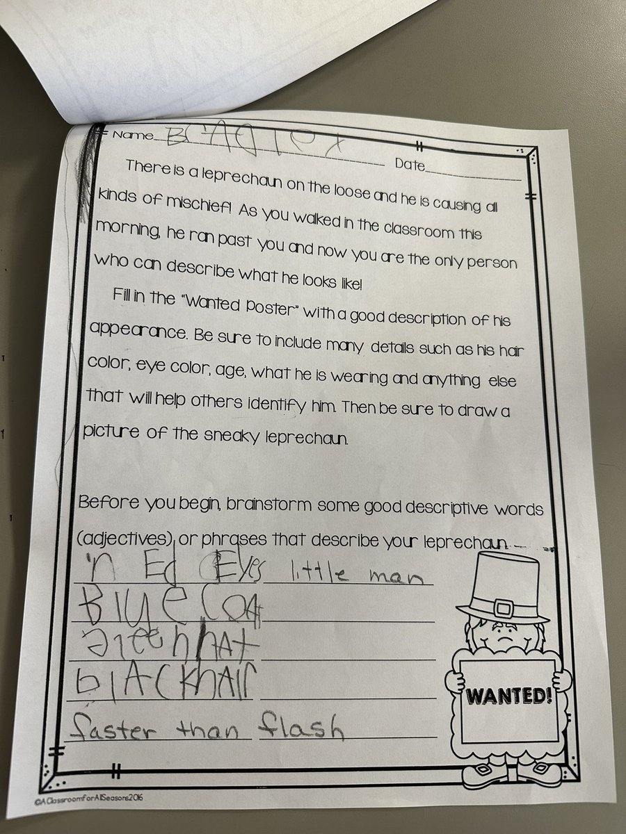 mrsnurski's tweet image. First graders are practicing using adjectives to describe the leprechaun they saw in the classroom this morning! #writingfun #firsties #atthebergh