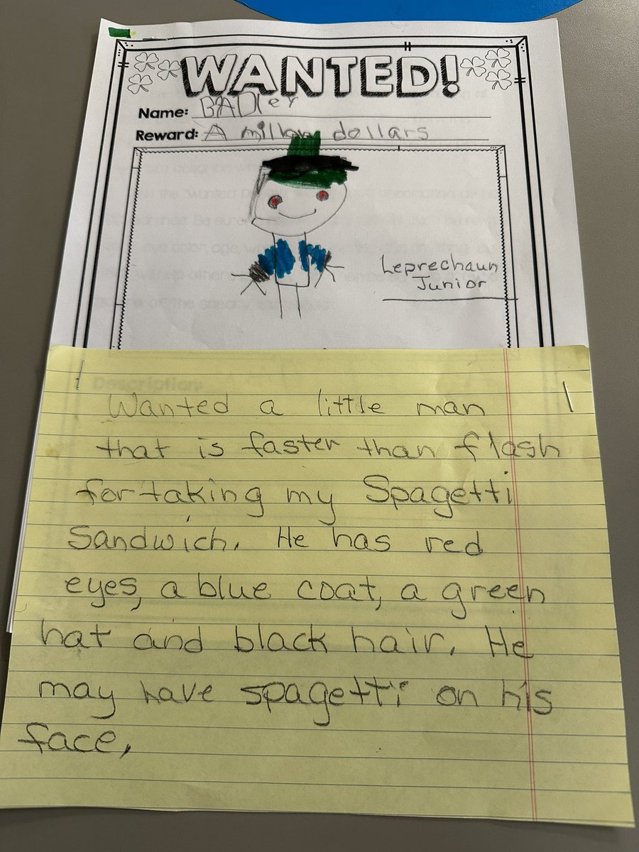 mrsnurski's tweet image. First graders are practicing using adjectives to describe the leprechaun they saw in the classroom this morning! #writingfun #firsties #atthebergh