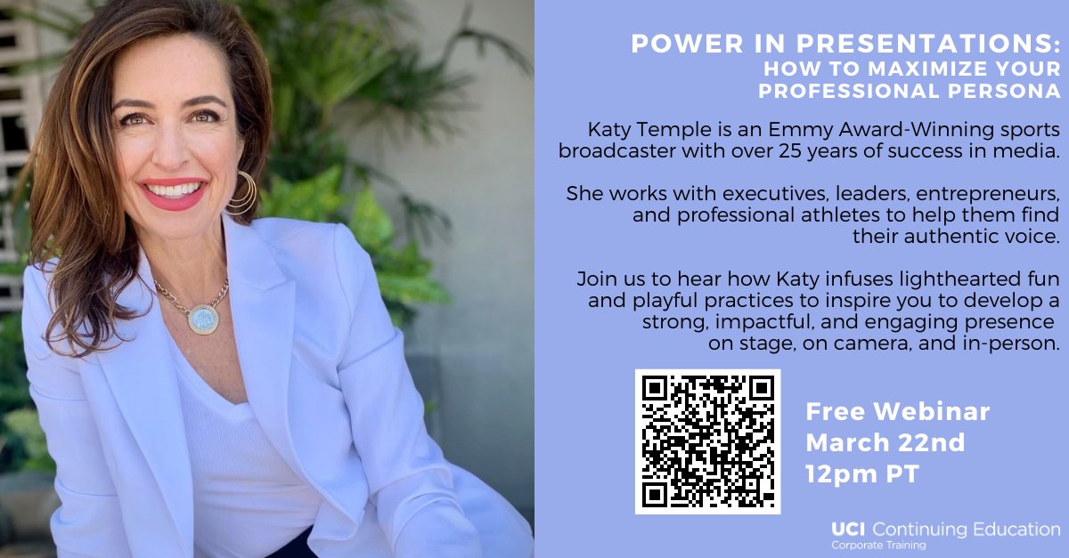 A strong on-camera presence can catapult your career. Learn to be intentional in your messaging, body language, tone, and presence so that you get noticed by all the right people. The webinar features Emmy Award-Winning broadcaster, Katy Temple. 
bit.ly/3mNrMnu