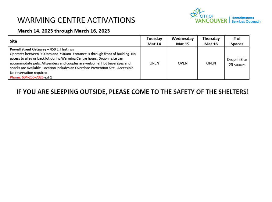 Please share: Additional shelter spaces and warming centres are available tonight through Thursday, March 16, due to an Extreme Weather Alert.

Details below ⬇️