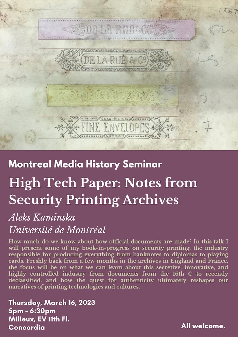 I've been hiding in the archives the past few months, digging into security printing and learning *so much*. I'll be sharing a few discoveries along with some thoughts on why it all matters for media and printing history. This Thursday, part of the MHRC seminar series. Do come!