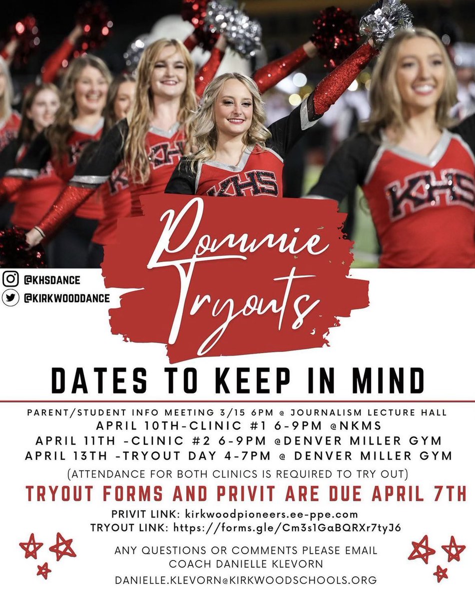 khspioneers's tweet photo. Informational PRE-tryout Pommie parent/student meeting tomorrow, Wednesday, March 15 @ 6:00pm in the Journalism  lecture hall for ANYONE interested in joining the KHS Pom/dance team for next year! https://t.co/4P5M8Jc9Pf