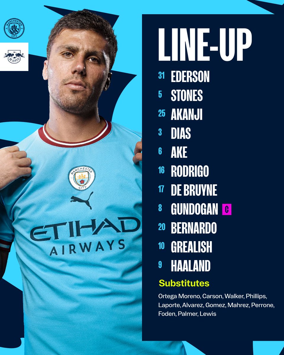 ManCity's tweet photo. TEAM NEWS ✨

XI | Ederson, Stones, Akanji, Dias, Ake, Rodrigo, De Bruyne, Gundogan (C), Bernardo, Grealish, Haaland

SUBS | Ortega Moreno, Carson, Walker, Phillips, Laporte, Alvarez, Gomez, Mahrez, Perrone, Foden, Palmer, Lewis

#ManCity https://t.co/J1EMKy6Mpb