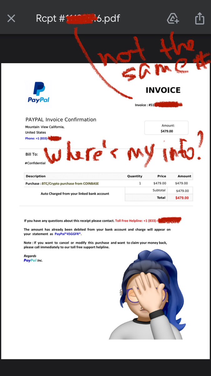 _Rina_D_'s tweet photo. Well this is new… SCAM ALLERT!
1. Never seen a PayPal invoice to look like this
2. You’re emailing me about MY alleged purchase with no personal info… I call bs.
3. Even with my 2 brain cells left, I wouldn’t be buying crypto, let alone BTS related ones 🤦🏻‍♀️
 👇 continuation 👇 https://t.co/rg5jwXFqXj