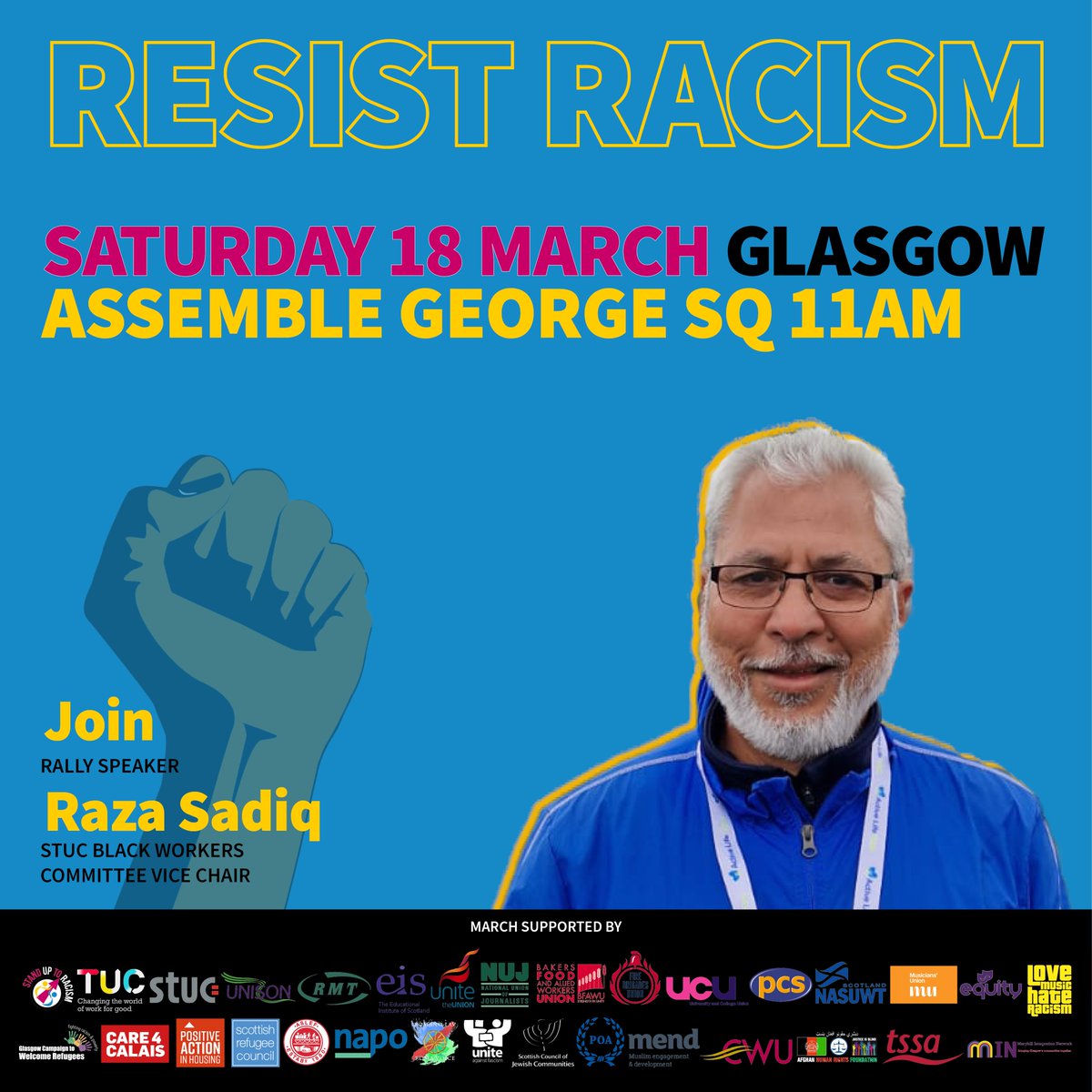SUTRScotland's tweet photo. Solidarity to all workers on strike today!

📢In three days, Sat 18 March, join Raza Sadiq vice-chair of @STUC_BWC speaking @ the Glasgow #ResistRacism march &amp; rally, which will also be co-chaired by the Black Workers Committee chair Talat Ahmed

#UnionsAgainstRacism @ScottishTUC https://t.co/NUCMUOtsnF
