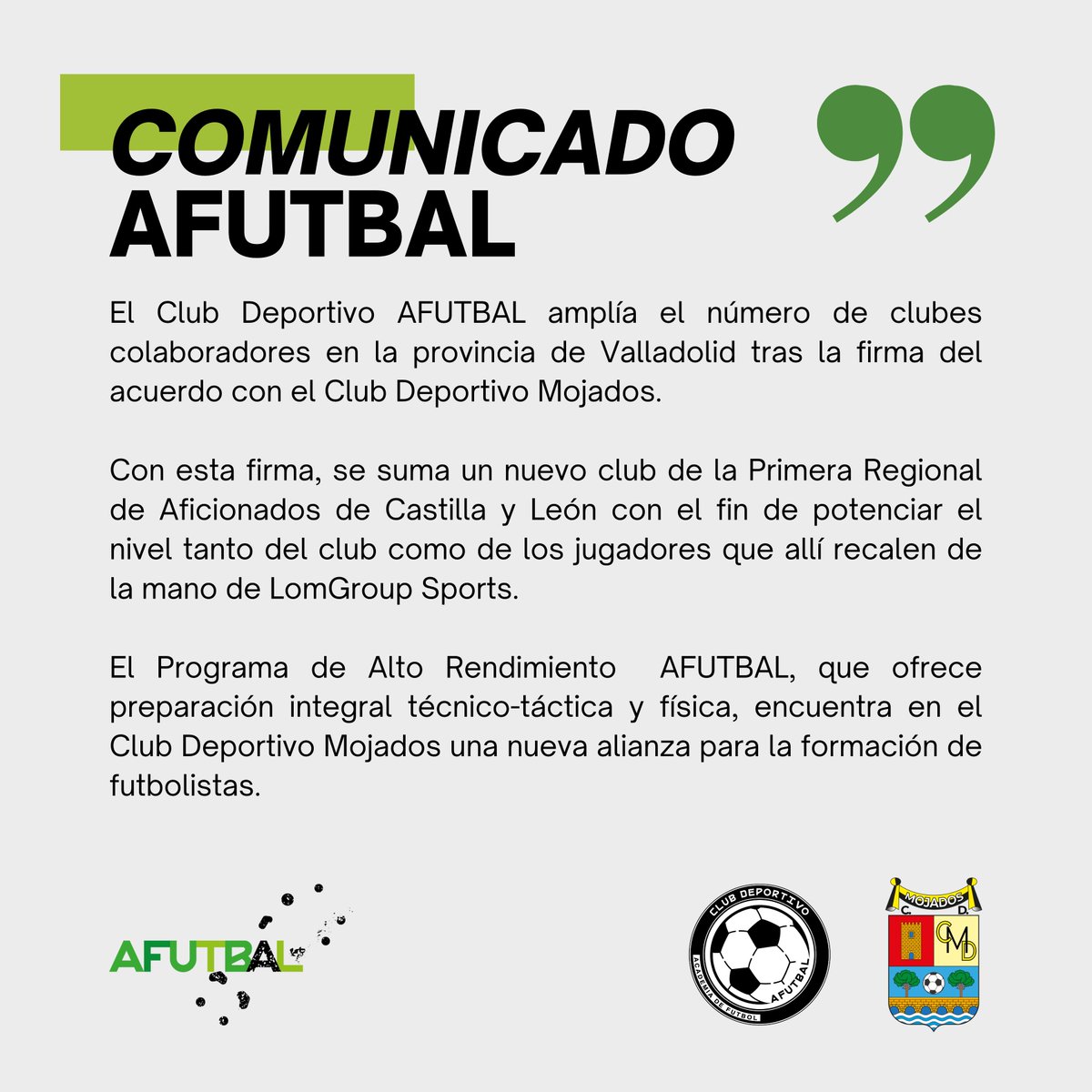 afutbalES's tweet photo. 🚨 COMUNICADO AFUTBAL 🚨

Acuerdo con el C.D. Mojados 🤝

#afutbal #academia #futbol #dejahuella #comunicado #acuerdo #cdmojados https://t.co/L9FqkP5dkj