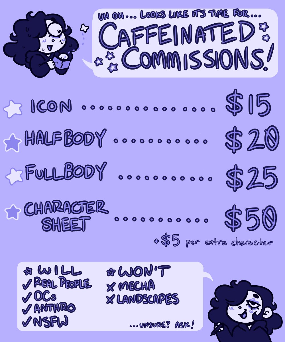 caffeinecartoon's tweet photo. C0MMISSIONS OPEN!!!
while i wait for my upcoming job to finish up paperwork on their end, i'll be doing a limited round of comms! please feel free to DM me with questions or inquiries! i look forward to working with you :^) https://t.co/dsH7q4dnE7