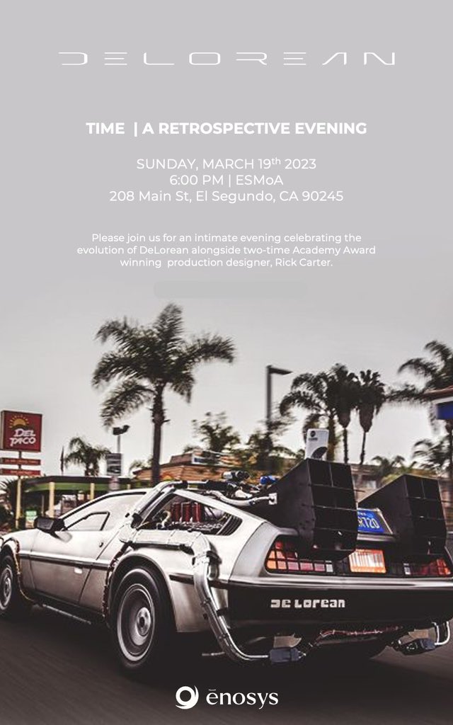 enosys_global's tweet photo. Obviously we have a bit of a thing for the Back to the Future movies’ production design and DeLorean…

So we’re excited for the opportunity to sponsor the launch event for the new DeLorean Alpha5 and spend an evening with the legendary Rick Carter, who has recently joined the @ArtifactDotArt family of artists!

We can't wait to witness the new @deloreanmotorco Alpha5 making its debut on the roads!