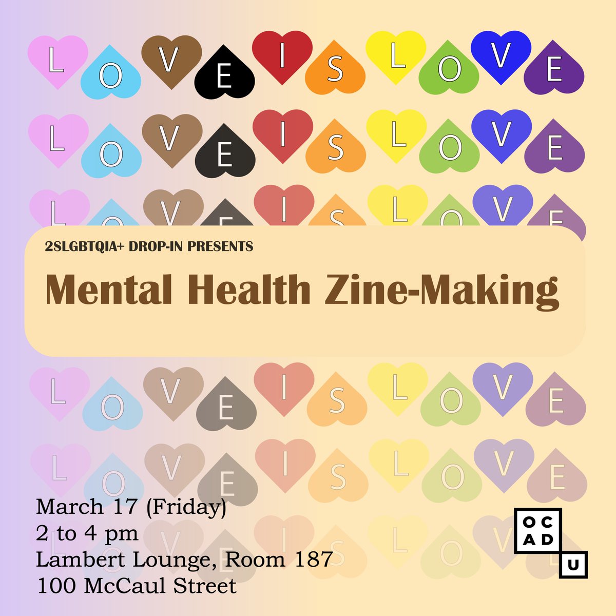 The 2SLGBTQIA+  Drop-in is designed to be a fun, positive space where OCAD U's queer community feels welcome. Join us for an afternoon of zine making, snacking, and connection. Fridays from 2pm to 4pm