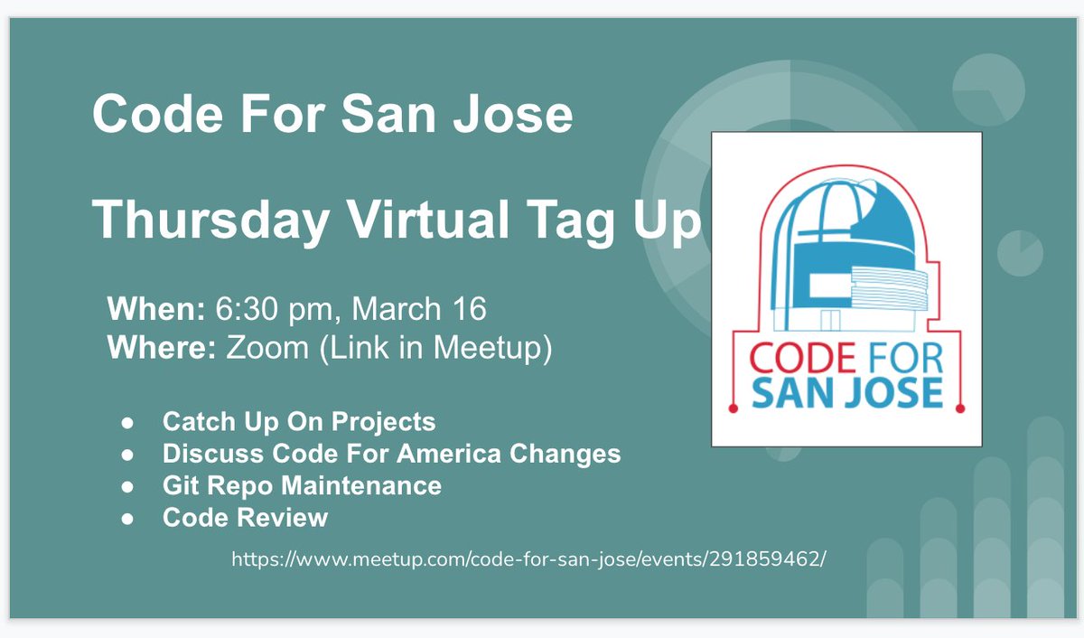OpenSourceSJ's tweet image. Meet Up This Thursday!
Virtual unless if people want more in-person events. We almost always have something going on on Thursdays
meetup.com/code-for-san-j…
#codeforsanjose
#codeforamerica