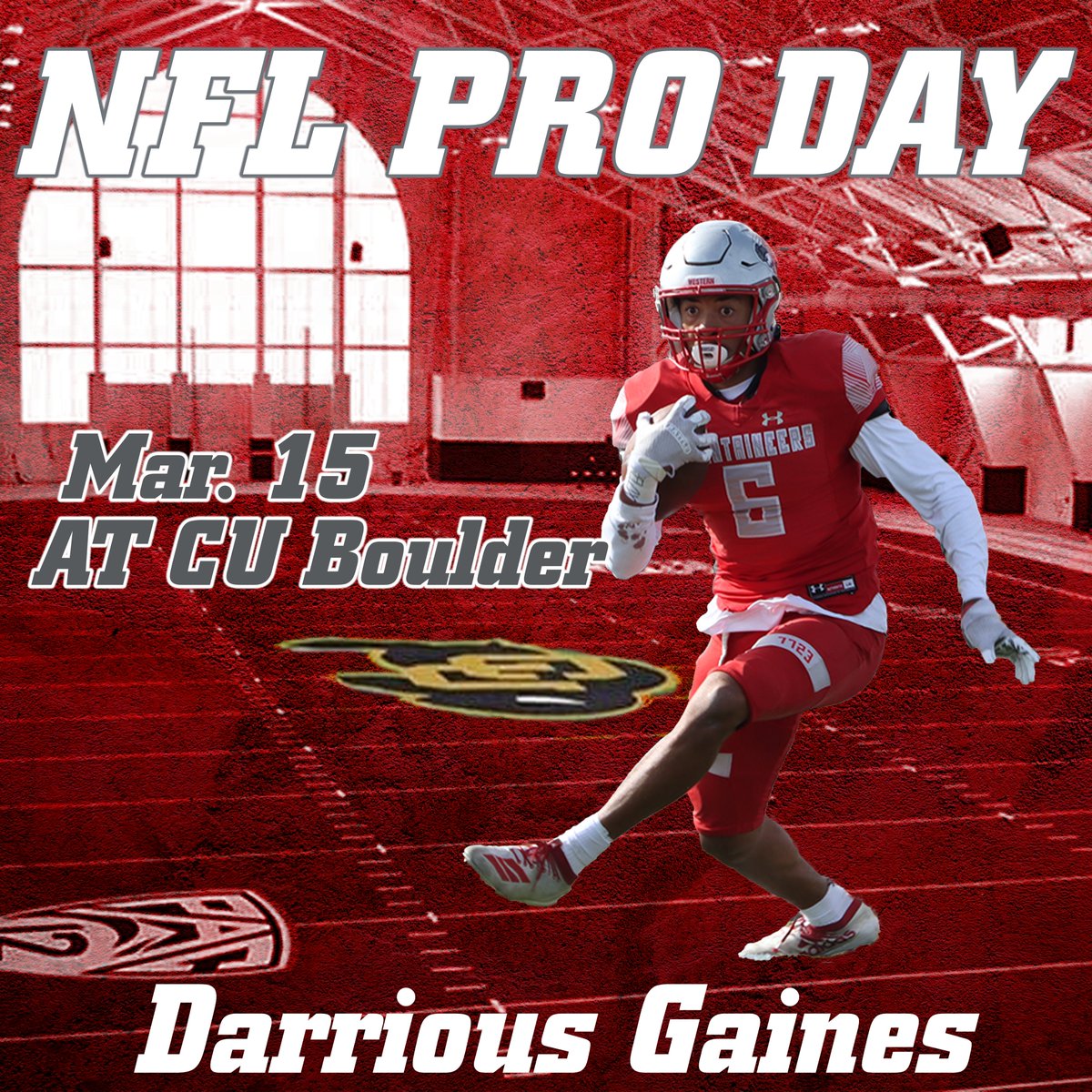Good luck to <a href="/MountaineerFB/">Western Colorado Football</a>  Darrious Gaines who will be participating in Colorado Buffaloes 31st annual NFL Pro Day at the Champions Center tomorrow (Mar. 15). #ThinAirCrew #7723 #MountaineerStrong