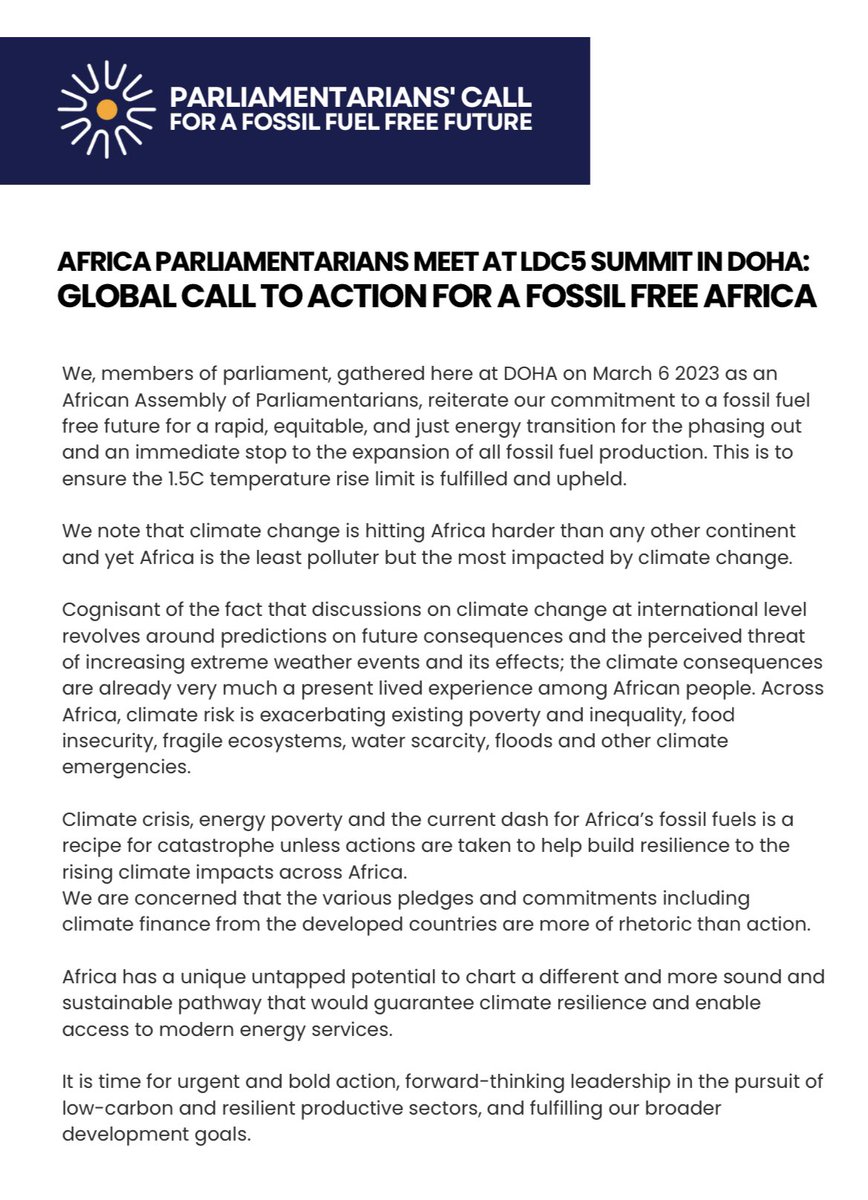 parlfossilfree's tweet photo. At the LDC5 summit, African parliamentarians reiterated the urgency of a rapid, equitable and just energy transition.

As representative of hundreds of thousands of people, we call upon world leaders to take immediate bold actions to tackle climate crisis.
(👇) https://t.co/rhJBC3xzns