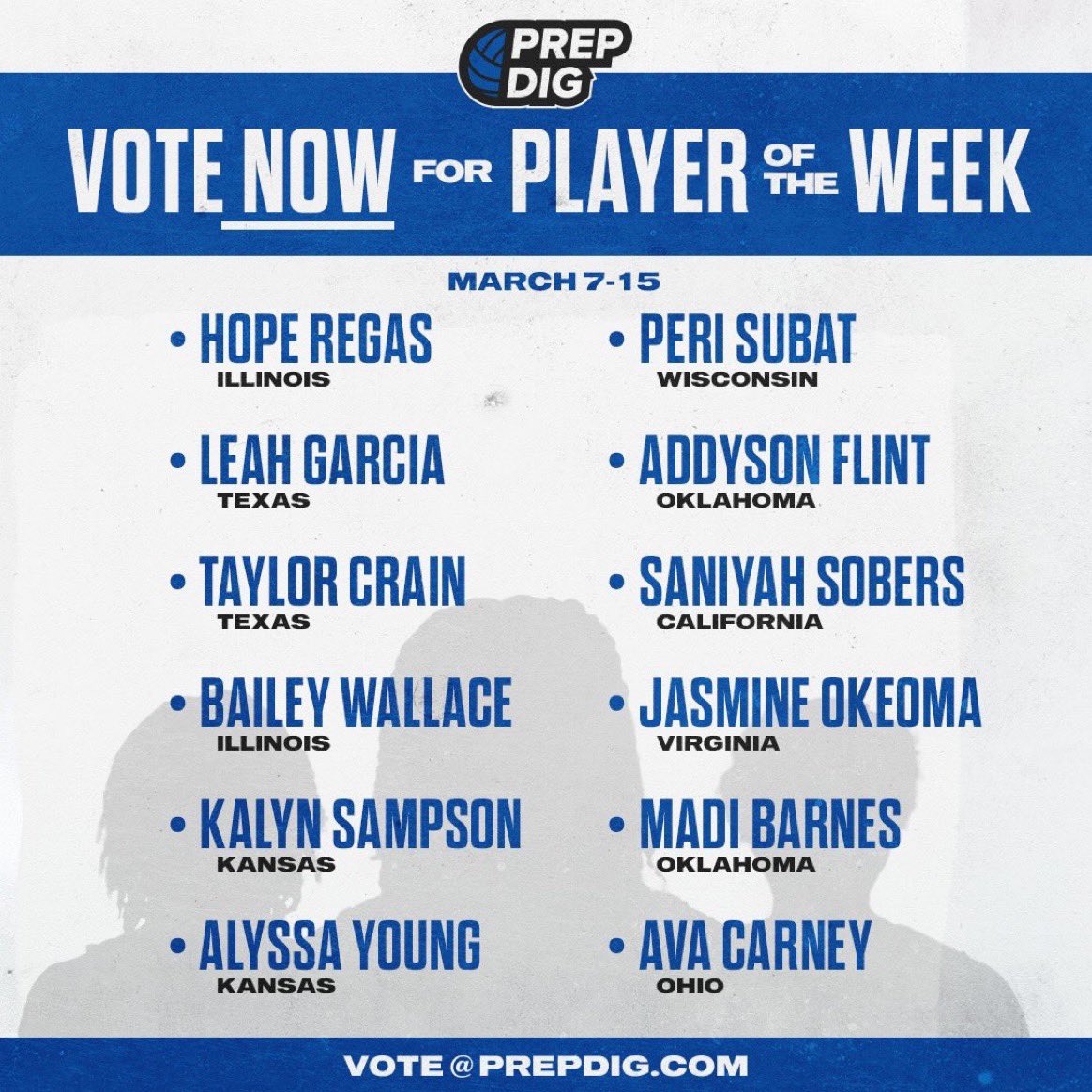 🔔 The <a href="/PrepDig/">Prep Dig 🏐</a> Player of the Week voting is now 𝐋𝐈𝐕𝐄! 

Voting ends Thursday 11:59 PM CT. 
Vote here: prepdig.com/player-of-the-…