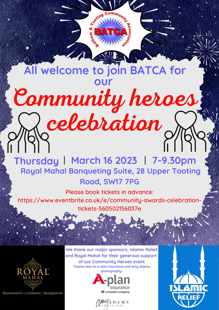 weareBATCA's tweet photo. Can't wait to see you at our #communityheroes event this Thursday. Thanks to amazing sponsors @IslamicReliefUK @royalmahal_  @aplaninsurance @amyadamsphoto  so grateful for contributing to this evening of local brilliance and kindness. See fab duo from @FuzionFour #jazz #heroes https://t.co/fdSv0fZeJT