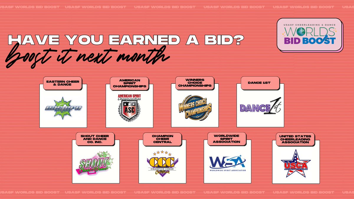 USASFcheer's tweet photo. It's not too late to boost your bid 💫 Earn up to $100 per athlete at these Bid Boost events in April! Visit  https://t.co/RcBaDlEWtf to check out future dates coming this season ➡️

#USASF #WorldsBidBoost #RoadtoDanceWorlds #RoadtoCheerWorlds #ThisIsAllStar #allstarcheer #cheer https://t.co/EZuMQ9ulm8