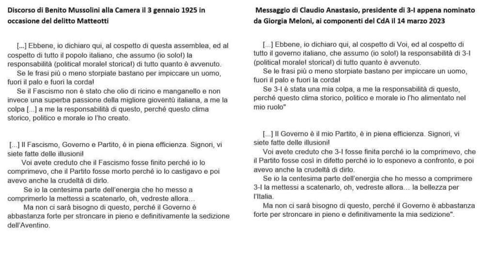 Claudio Anastasio si è dimesso.
Scelto da <a href="/GiorgiaMeloni/">Giorgia Meloni</a> per guidare la società per l’innovazione digitale di Inps, Istat e Inail, aveva scritto ai membri del board copiando il discorso con cui nel 1925 il Duce si assunse la responsabilità politica del delitto Matteotti.