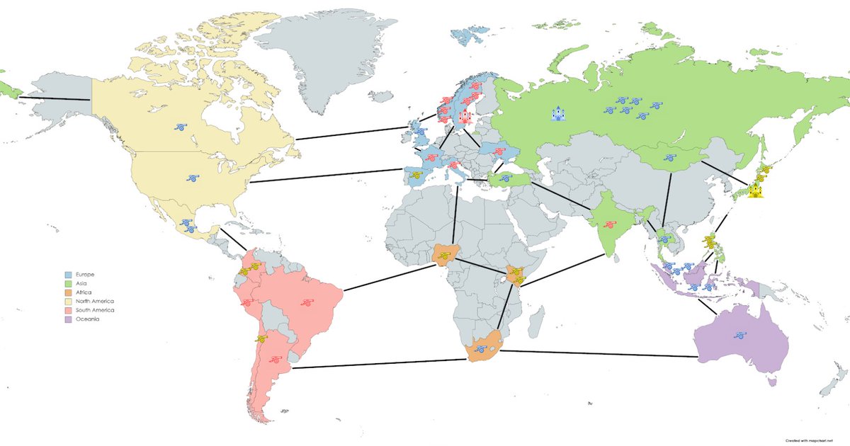 The map condition after the 1st session of the GeoRisk Tournament Season 1. This Saturday at the same time (4pm CET) we are continuing where we stopped last time. #GeoGuessr #Geography #GoogleMaps #Risk