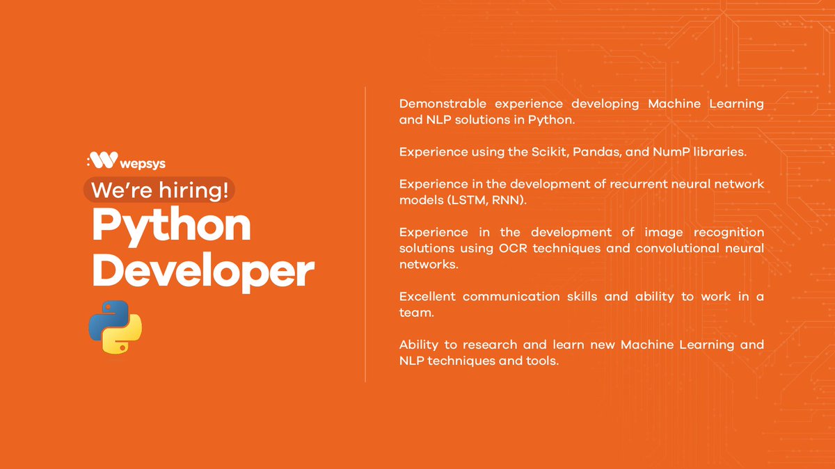 Wepsys's tweet photo. We're looking for a Python developer with experience in Machine Learning, NLP and image recognition. 🔎 Check our requirements for this opening and if you think we're talking about you , we'd love to hear from you!

Apply here 👉https://t.co/Gs8Zsu5R0x https://t.co/KQY7CnPNsy