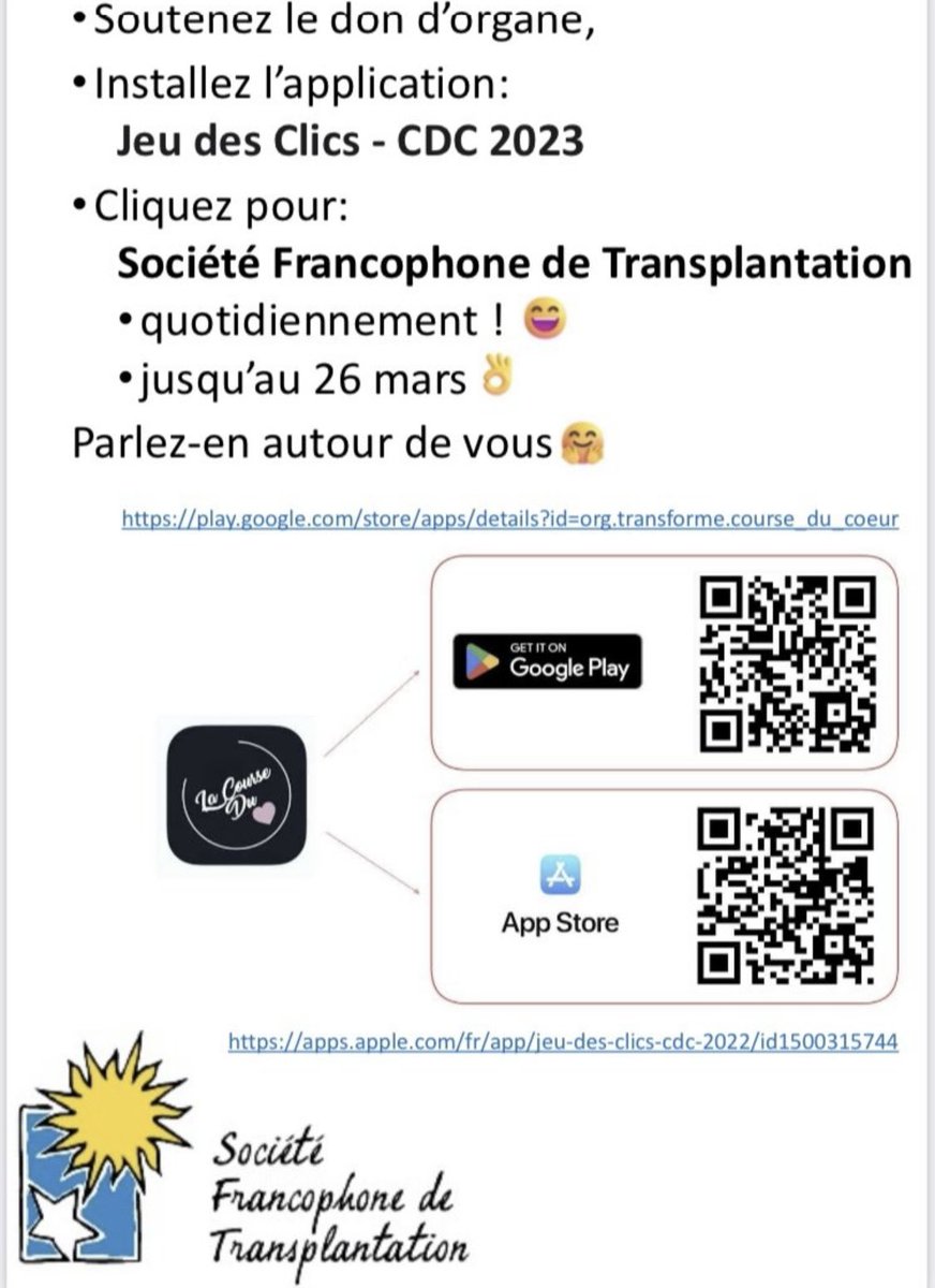 Team SFT - Course du Cœur 2024 (@team_sft_2024) on Twitter photo Soutenons tous ensemble le don d’organes et tissus #TousDonneurs!
Contribuer à l’information en soutenant votre équipe préférée @Team_SFT_2023 aux jeux des clics <a href="/LaCourseduCoeur/">La Course du Coeur</a> 👇🏻 Soutenons tous ensemble le don d’organes et tissus #TousDonneurs!
Contribuer à l’information en soutenant votre équipe préférée @Team_SFT_2023 aux jeux des clics <a href="/LaCourseduCoeur/">La Course du Coeur</a> 👇🏻