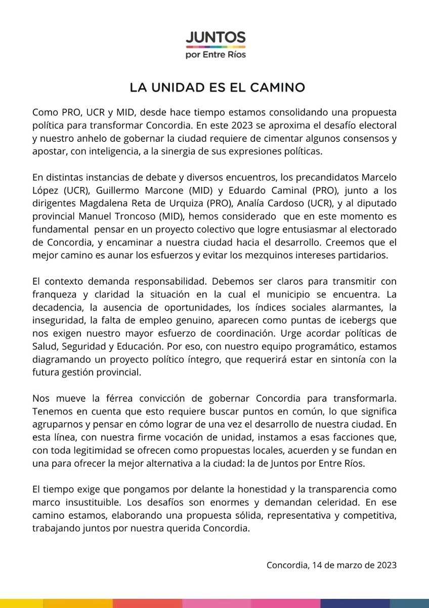 MagdalenaReta1's tweet photo. Comunicado de Juntos por Entre Ríos - Concordia 👇 https://t.co/1lkBYWnfab