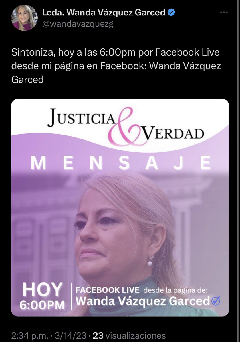 En medio del caso federal que enfrenta la exgobernadora <a href="/wandavazquezg/">Lcda. Wanda Vázquez Garced</a>, ofrecerá hoy a las 6pm un mensaje. 

El anuncio titulado Justicia y Verdad, se da luego de que se creara una organización para ayudar a pagar su defensa.