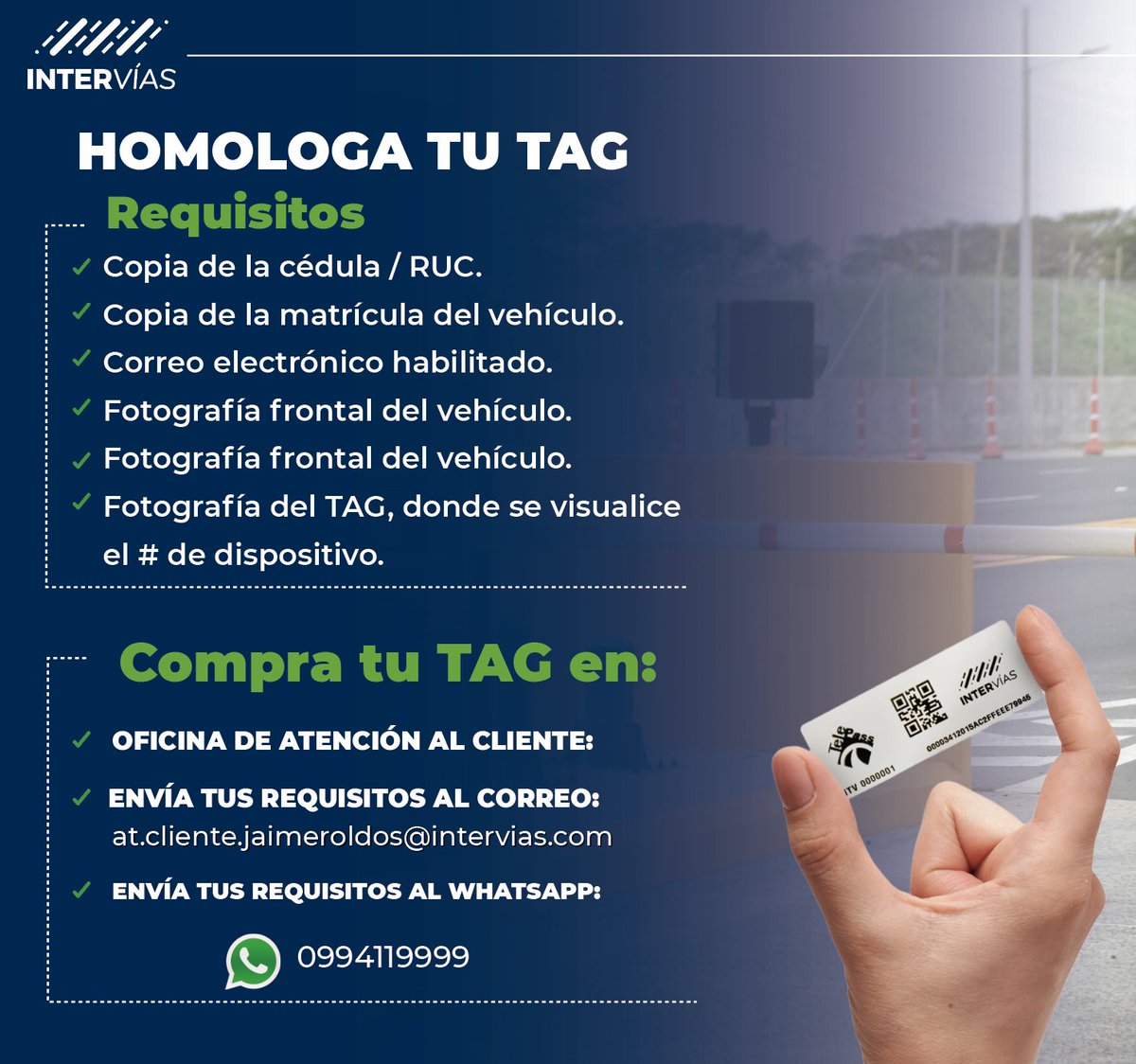 Intervias_ec's tweet image. #Intervías | 🗣️Recuerda que los datos de tu #TAG no son transferibles. Te dejamos los requisitos que necesitas para homologarlo con nuestro servicio de #TelePass. Si no tienes un dispositivo, puedes adquirirlo fácilmente con nosotros. 

¡Viaja rápido y sin inconvenientes! 🚩