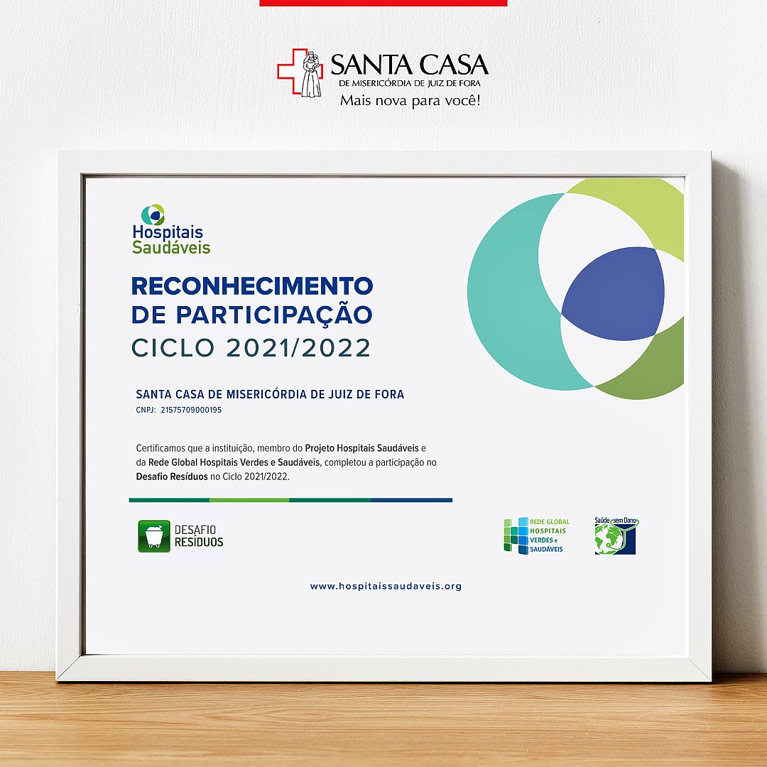 SantaCasaJF's tweet photo. A Santa Casa de Misericórdia de Juiz de Fora recebeu, pelo quarto ano consecutivo, o certificado do Desafio Resíduos de Serviços de Saúde, do Projeto Hospitais Saudáveis, oriundo da Rede Global Hospitais Saudáveis. https://t.co/VemOMH8eH9